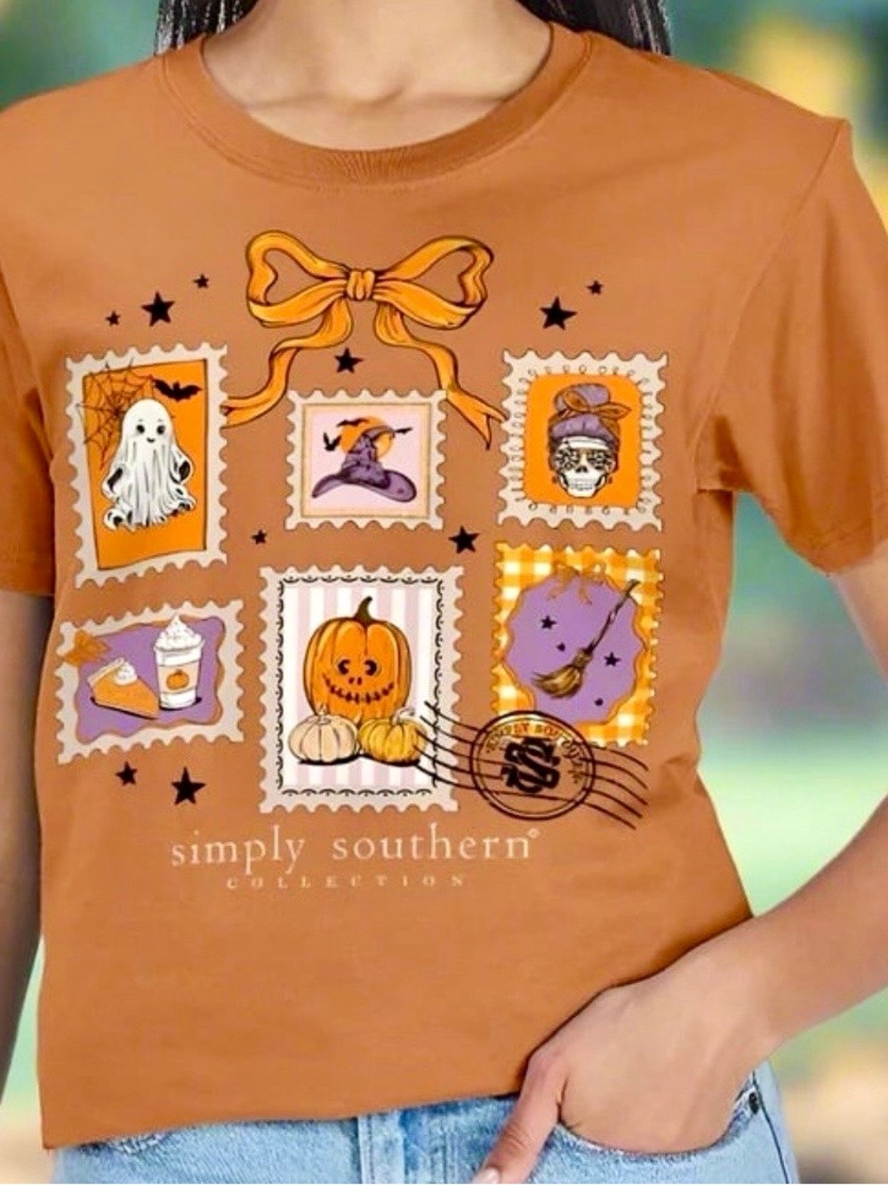 Simply Southern Fall Stamps Halloween Tee Ghost Pumpkin Bow T-Shirt Women’s XL